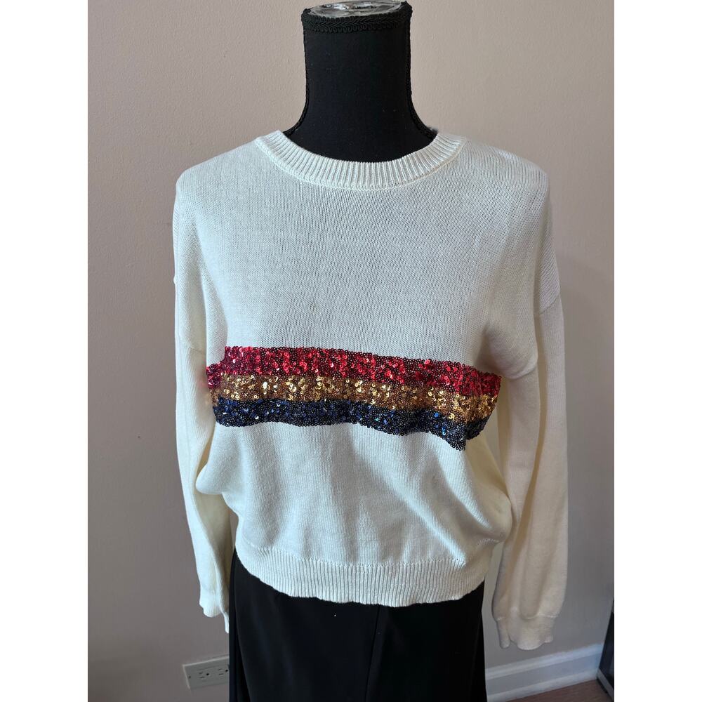 MELROSE AND MARKET 100%cotton Sweater In Ivory Pristine Sparkle Stripe L